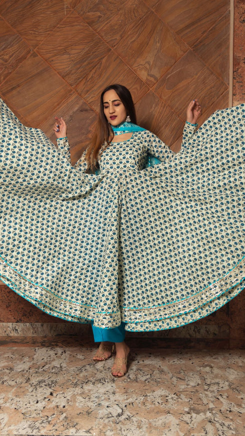 Pomcha Jaipur Anokhi Cotton Hand Block Print Anarkali Set